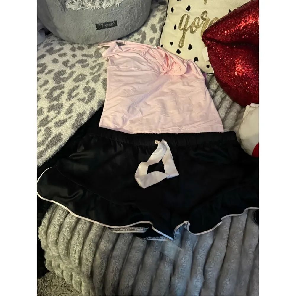 VS victorias secret pink/black satin shorts & matching cami pajama lounge set XL